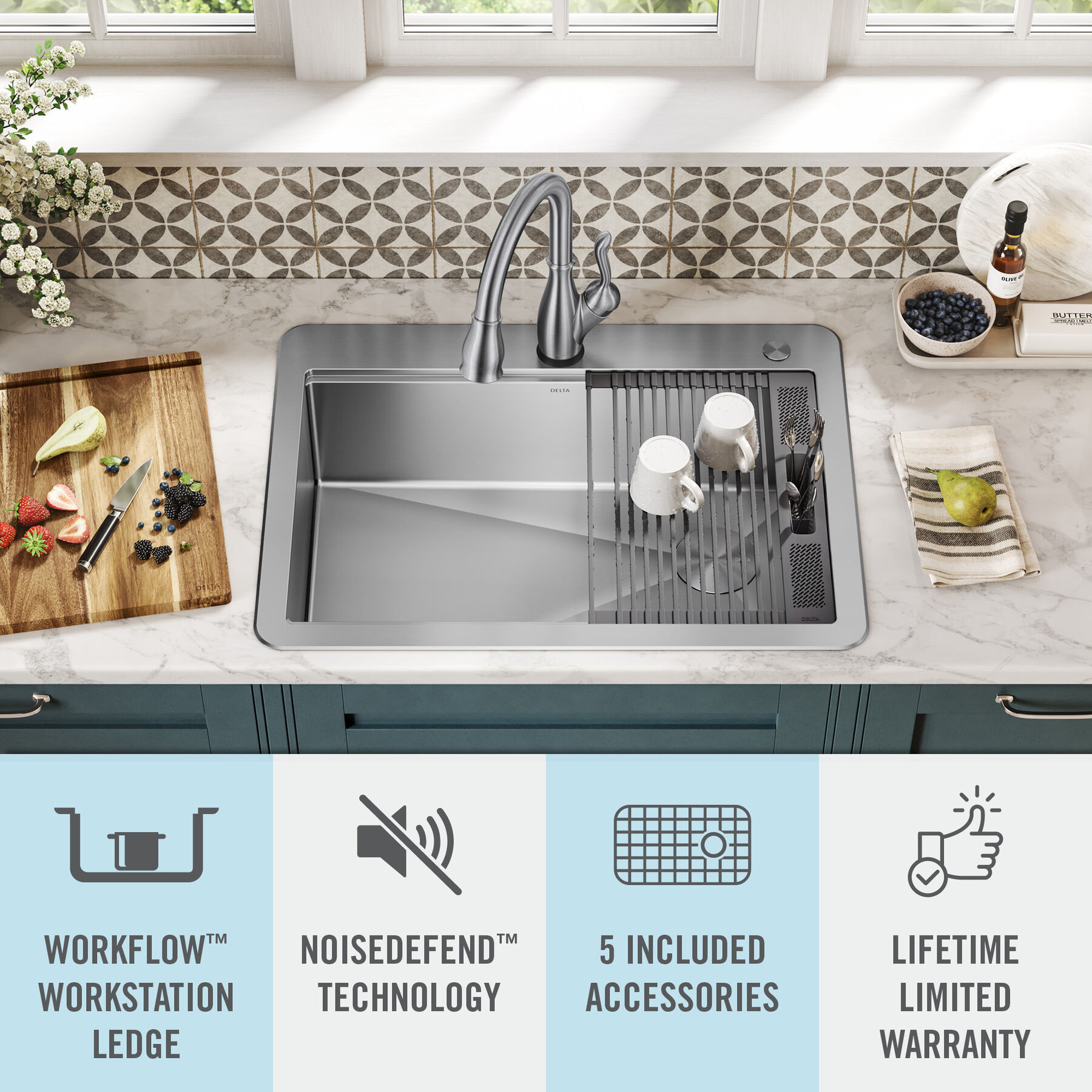 Lavabo de cocina tipo estación de trabajo con un receptáculo de acero inoxidable de 30" de montaje superior encastrado, con reborde WorkFlow™ y accesorios, imagen 15